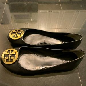 Tory Burch black flats with gold logo and dust bag size 10